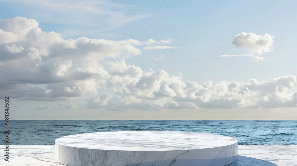 White marble podium with ocean sky background
