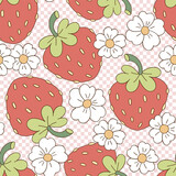 Retro groovy garden berry strawberry with daisy flowers on checkerboard vector seamless pattern. Hand drawn natural organic healthy food vegetables fruit floral background.