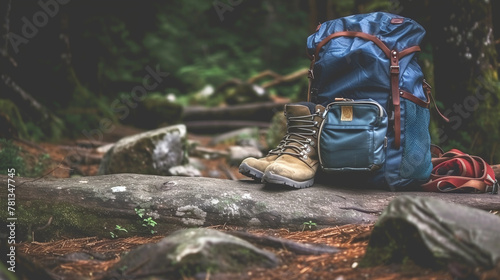 Backpack and hiking boots in autumn mountain or forest. Camping elements/ equipment for mountain travel time. photo
