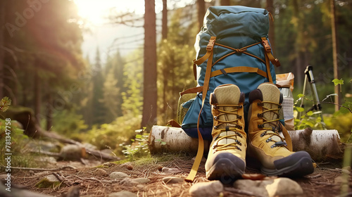Backpack and hiking boots in autumn mountain or forest photo