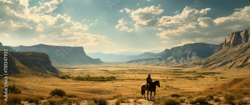 Generative ai illustration of a cowboy on horse in empty landscape