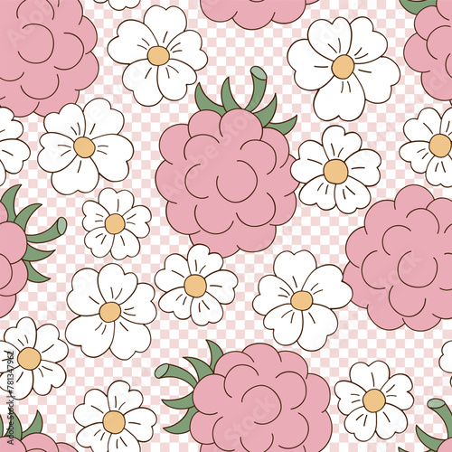Retro groovy garden berry raspberry with daisy flowers on checkerboard vector seamless pattern. Hand drawn natural organic healthy food vegetables fruit floral background.