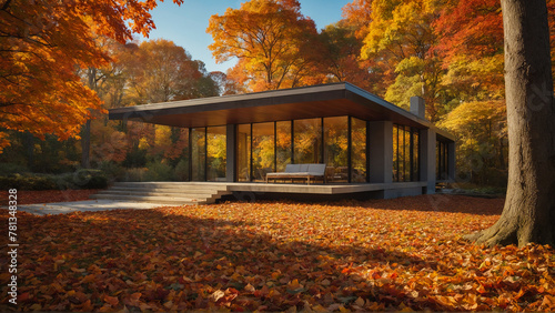 Modern house in the warm glow of the autumn sun, surrounded by bright fallen leaves. The tranquility and warmth of the fall season in the woods.