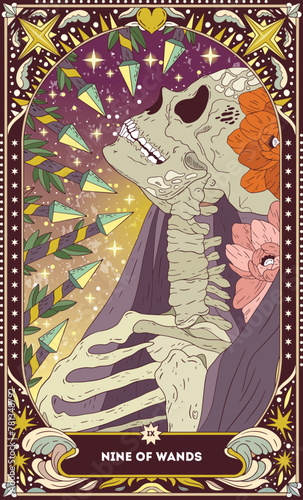 A tarot card in bohemian tones in a modern style in the form of a skeleton. Modern illustration of Nine of Wands card, minimalistic cartoon skeleton, simple vector drawing