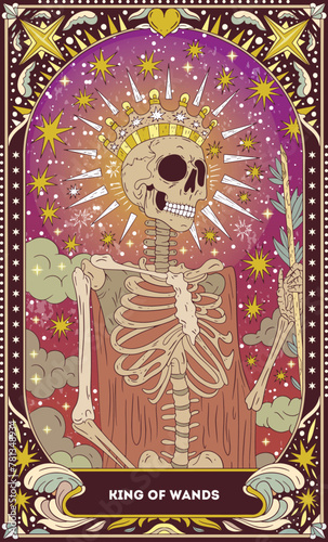 A tarot card in bohemian tones in a modern style in the form of a skeleton. Modern illustration of King of Wands card, minimalistic cartoon skeleton, simple vector drawing