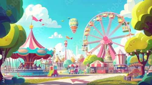 A carnival or festive fair cartoon illustration. Arrow pointer, carousel, merry-go-round, ferris wheel and roller coaster, ice cream cart children, summer city scene.