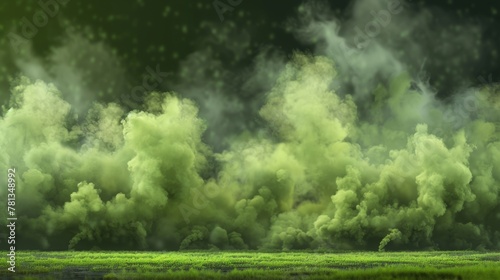 The green fog or smog spreads on the ground. The air is filled with smoke or poisonous gases. A modern realistic rendering of chemical toxic vapour soaring in the air, isolated on a transparent