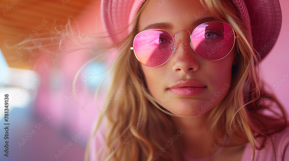 Close-up of a young woman wearing pink sunglasses and a hat, with a soft-focus background in warm tones, conveying a summer vibe.