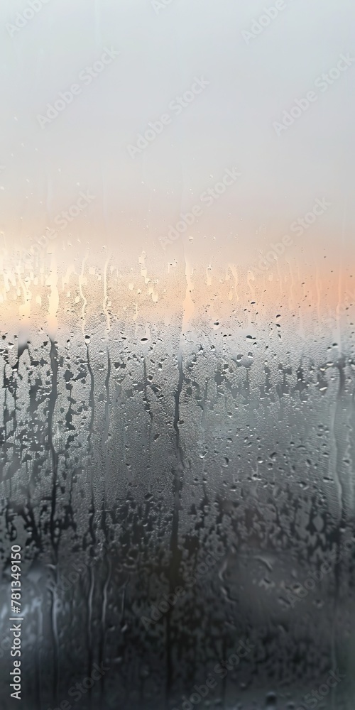 A light gray gradient background with frosted glass effect, fog on the window surface, fogged glass that gives a glimpse of what is on the other side.
Misted window, drops