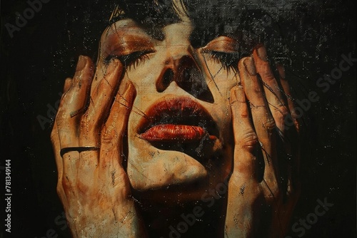 Allseeing fingertips in human portrait, atmospheric tension, surreal, shadowed light