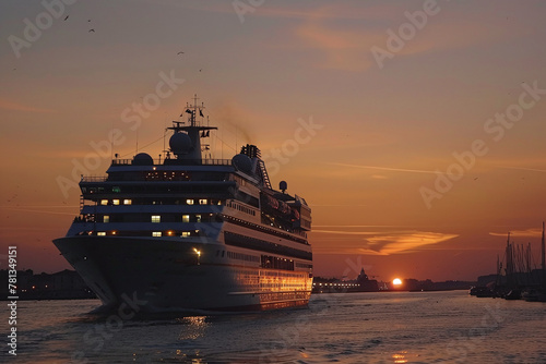 Luxury cruise ship sailing to port on sunset