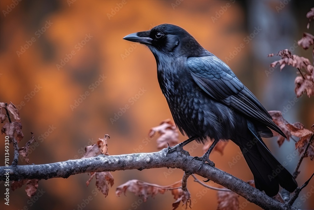 Fototapeta premium Beautiful black raven on a branch in the park. Nature concept. Birds
