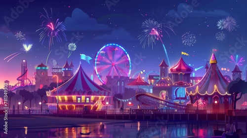 Carnival funfair, amusement park with carousel, roller coaster, and ferris wheel in night sky. Modern cartoon illustration.