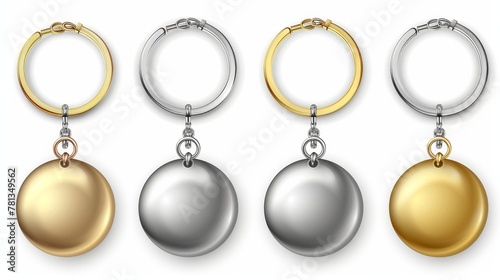 Mockup of round keychains made of gold, chrome, silver, or steel colored materials. Modern illustration with icons and clipart.