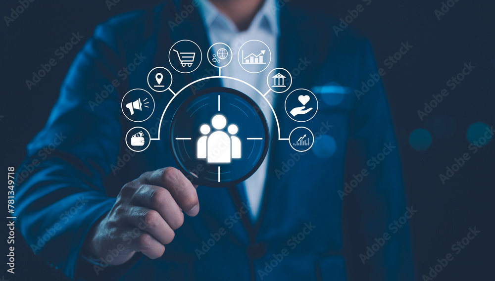 Target customer, buyer persona, customer behavior concept. Marketing plan and strategies. Personalization marketing, customer centric strategies. Businessman showing on screen to target customer.