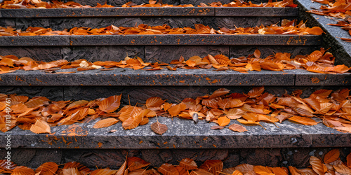 Dry and colourful autumn leaves on stone stairs ,Stone steps in autumn park 