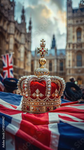 3d golden crown and British flag, illustration, monarchy, coronation, Great Britain, drawing, jewel, gold, symbol, power, king, queen, kingdom, greatness, heraldic, royal, big ben, parliament