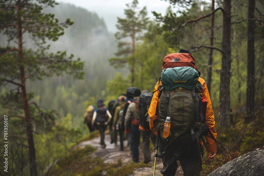 Group of hikers in the forest walking with backpacks in the sunset from the back. The concept of adventure travel, tourism, Hiking and friendship of peoples. Sporting event