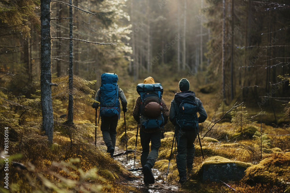 Group of hikers in the forest walking with backpacks in the sunset from the back. The concept of adventure travel, tourism, Hiking and friendship of peoples. Sporting event Group of hikers in the forest walking with backpacks in the sunset from the back. The concept of adventure travel, tourism, Hiking and friendship of peoples. Sporting event