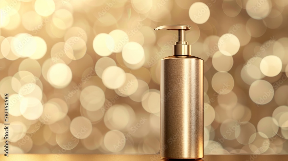 A realistic 3D mockup banner with a hair oil cosmetics bottle, a pump tube with gold liquid and a blurred background. A new formula of beauty cosmetics treatment product advertising promo template