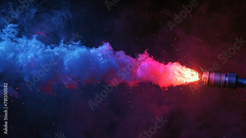A 3D illustration of a burnt red gun flare, a sos fire light signal for an emergency on the road or at sea. A glowing torch with sparks and color smoke isolated on a black background. Ignition © Mark
