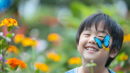 Delighted Asian Child Embracing Transformation in Vibrant Garden