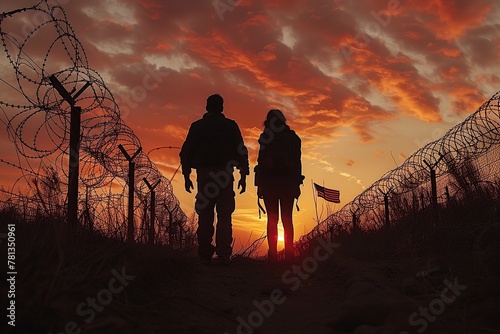 Experience the powerful symbolism of courage and hope as silhouettes of a man and woman breach a border fence, navigating broken barbed wire towards a distant glimpse of the USA flag
