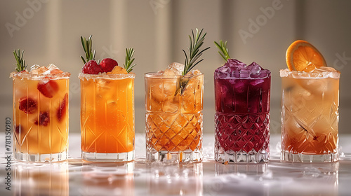 Assorted colorful cocktails in elegant glasses, garnished with fruits and herbs, lined up on a reflective surface with a soft, blurred background. © amixstudio