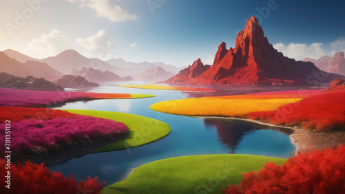 Photorealistic, surreal colorful landscape with barren mountains, river, lake, fields