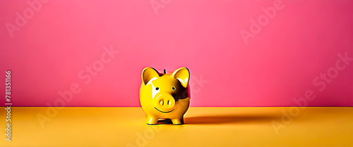 A pink piggy bank isolated on pastel pink background with large copy space. Wide. banner format. Can be used as background. Concept of saving money and money deposit.
 photo