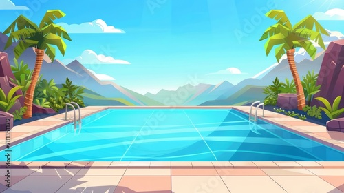 Swimming pool outdoors, empty with blue water, palm trees, green plant fencing, and tiled floor on mountain landscape background. Exotic island cartoon modern illustration.
