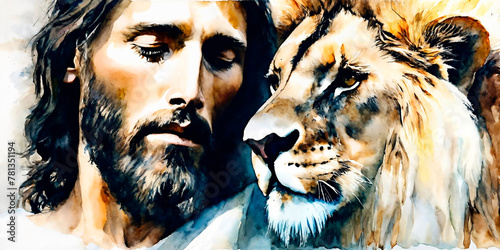 Jesus and lion of Judah heads in watercolor painting style. Religious artwork. photo