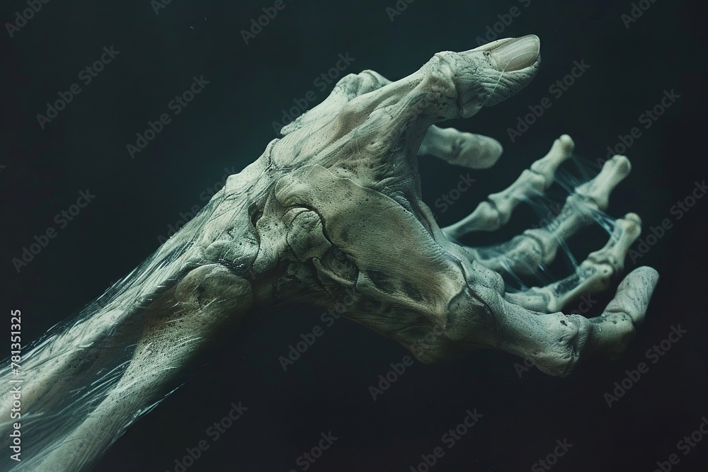 Infinite hands skeleton, dark void, Surreal editorial, overlapping anatomy, deep focus