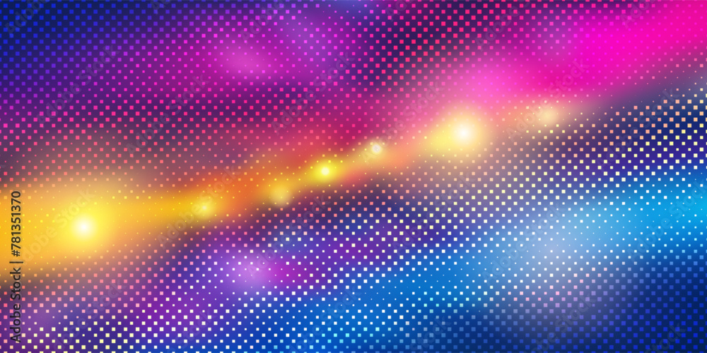 Bright neon rainbow disco bg with halftone raster pattern. Abstract synthwave, rave, or vaporwave club vector background with gradient mesh and overlay pattern. Blurred motion lights and glares.