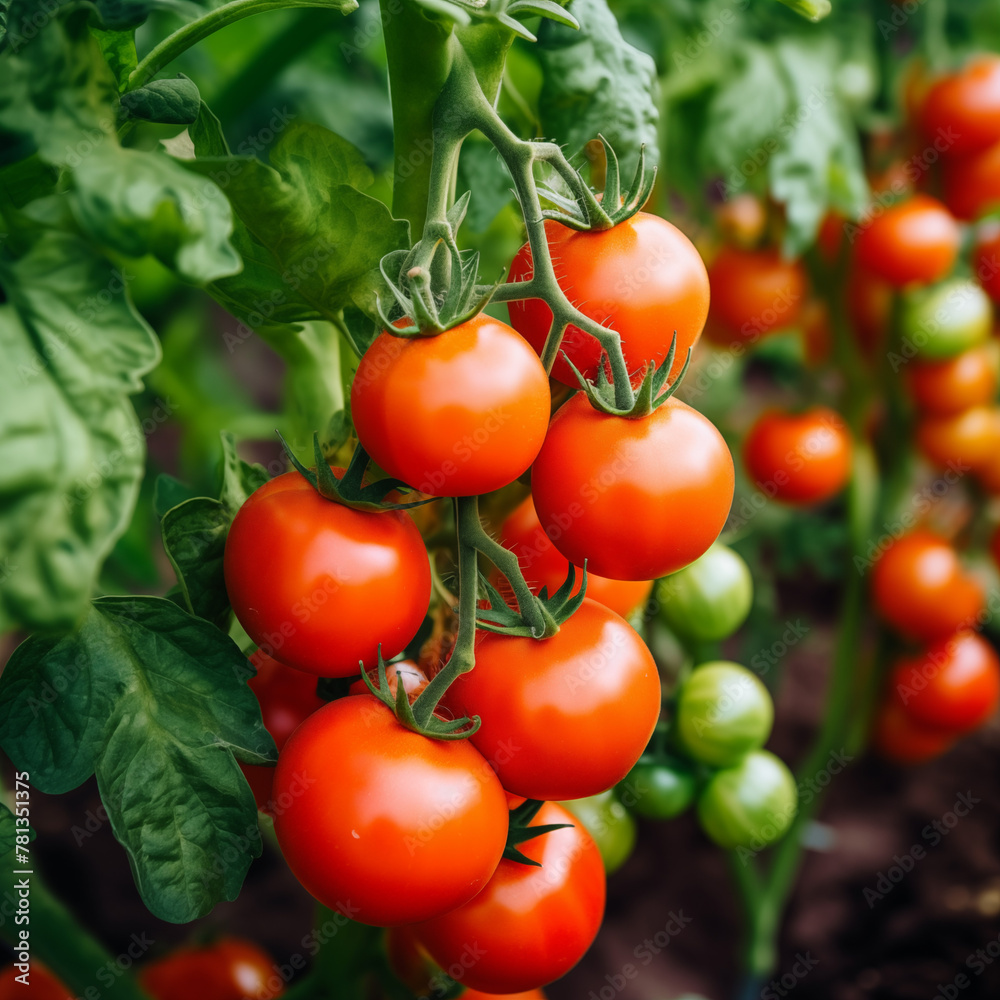 Fresh many tomato garden with leaves background.