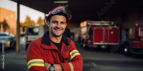 smiling male firefighter in a red uniform and fire helmet against the background of a fire station, cars, extinguishing, professional, specialist, rescuer