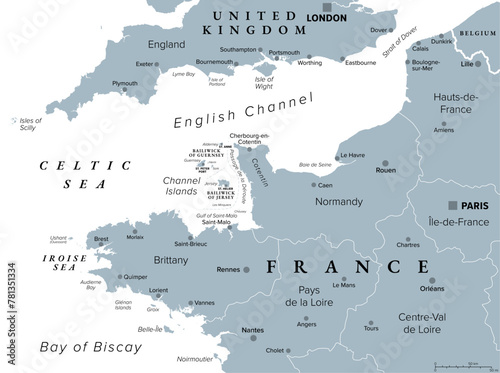 Northern France, gray political map. Coastline of France and United Kingdom along the English Channel, and along Bay of Biscay, with Channel Islands. Coasts of Hauts-de-France, Normandy and Brittany.