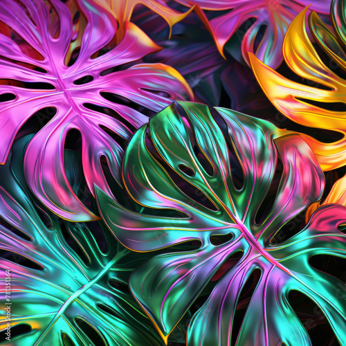 Minimalistic surreal background with monstera leaves in holographic tones with gradient