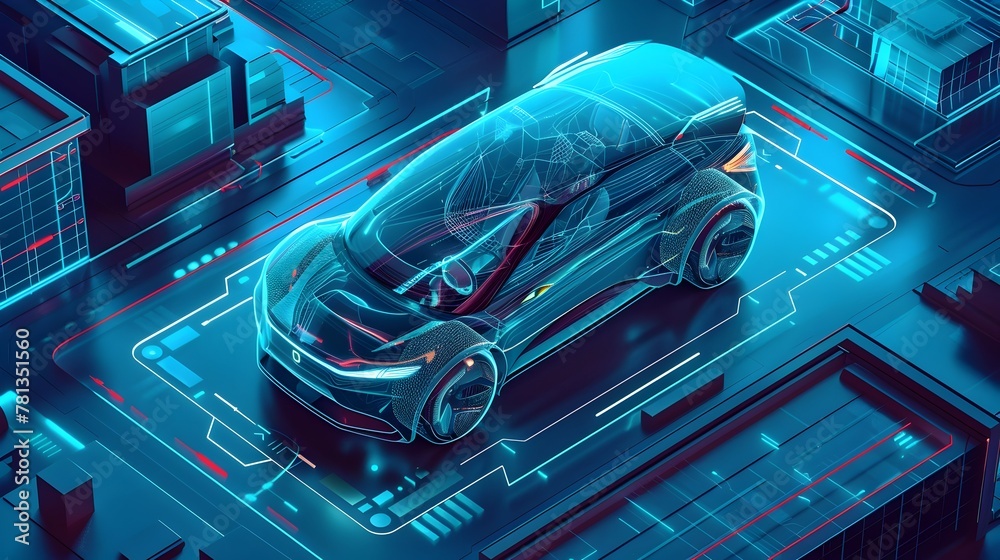 Fototapeta premium Futuristic Transparent Blue Electric Vehicle Showcasing Efficient Space and Lightweight Design for Optimal Performance