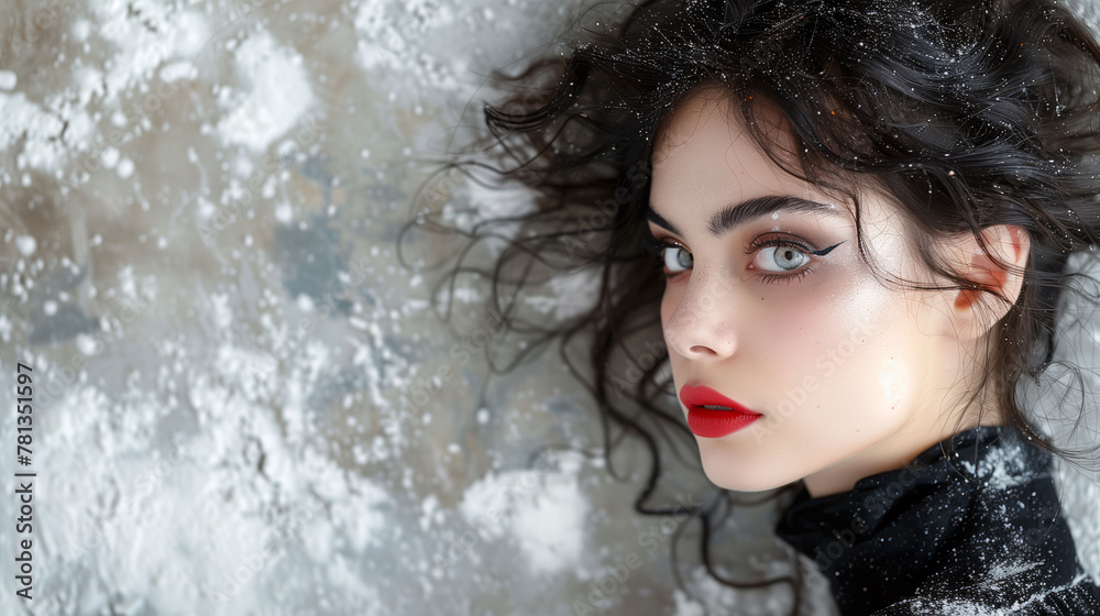 Portrait of a young woman with dark hair and striking makeup, featuring red lips and intense eyes, against a blurred background with water droplets.