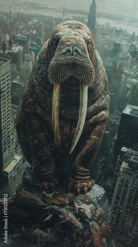Majestic walrus, tusks skyward, atop urban peak, skyscraper underfoot, natural urban portrait photo
