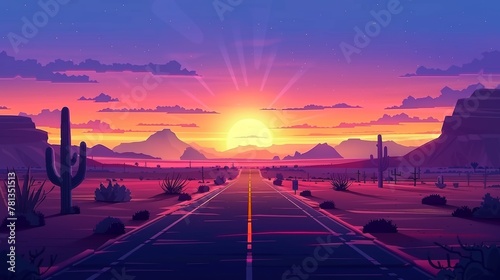 Symbol of sunrise in western American valley with road, cactus and rocks. Cartoon landscape of highway in Arizona or Mexico with hot sand desert and orange mountains.
