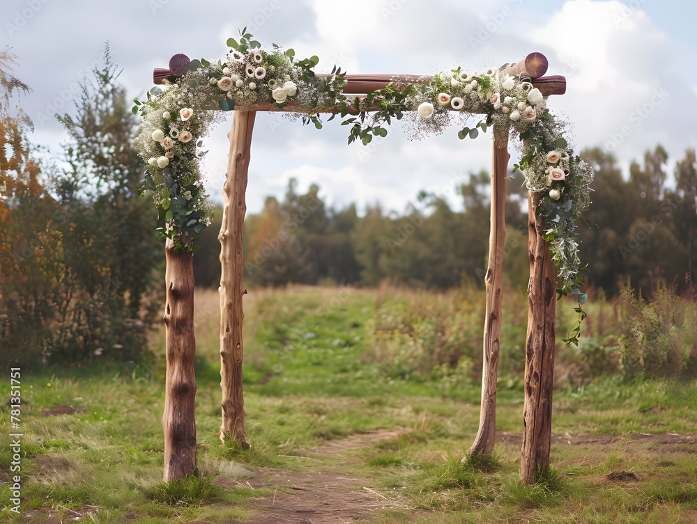 Rustic wooden wedding arch with retro garland decorated with flowers