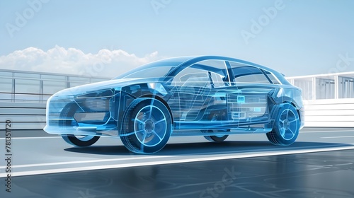A Conceptual Transparent Blue Electric Vehicle Showcasing Innovative Energy Efficiency Technology and Aerodynamic Design © pkproject