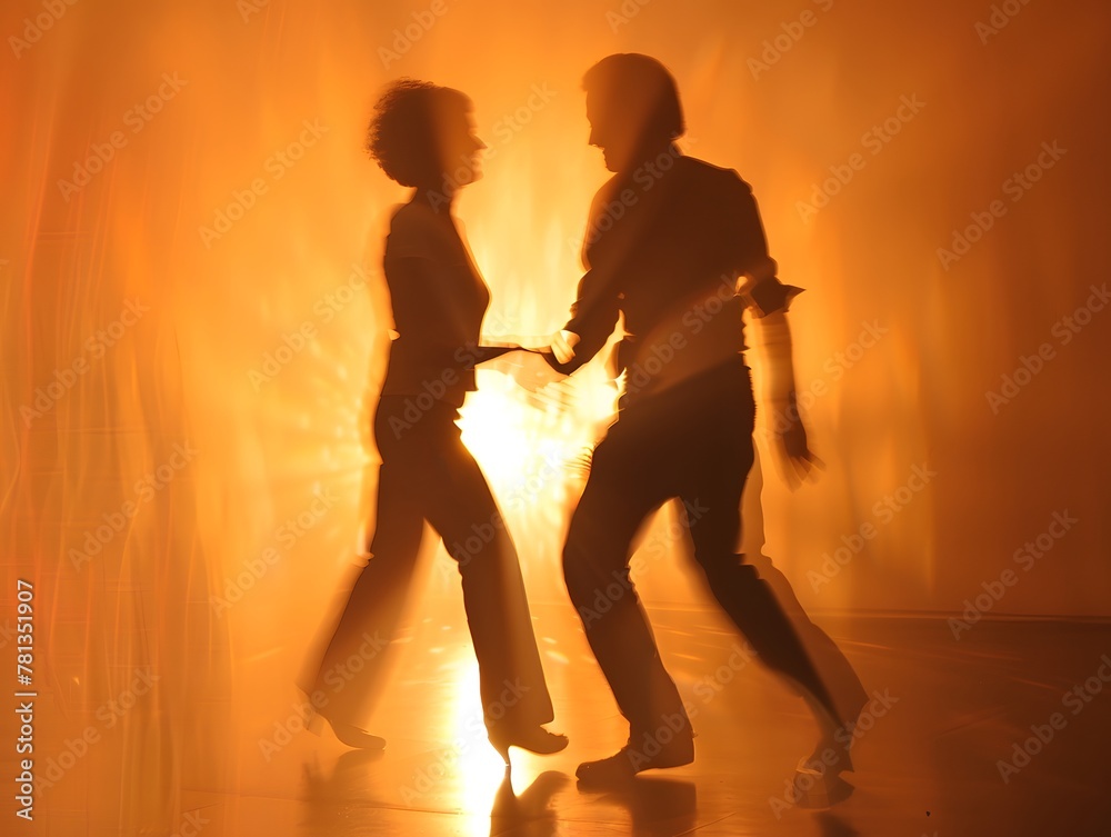 Siluete dancing 2 people on scene in ilumination , warm colors,  warm backdrop