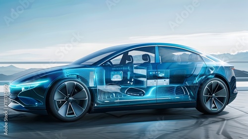 Futuristic Transparent Electric Vehicle with Autonomous Driving Technology and Sleek Digitized Dashboard © pkproject