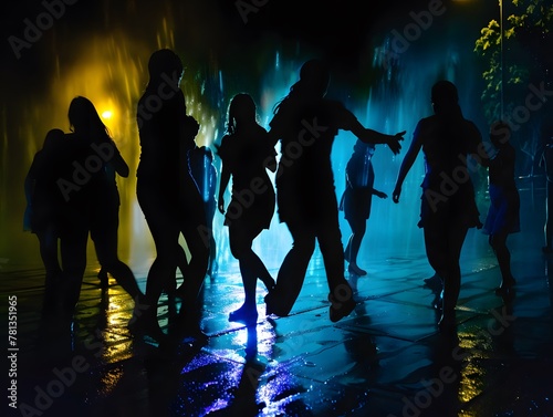 Siluete dancing people in disco on scene in ilumination photo