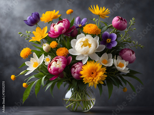 Flowers in transparent vases, flower arrangement art, a picture of a bouquet of flowers placed on a wooden table, living atmosphere, still life photography
