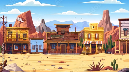 Modern cartoon illustration of a western town with old wooden buildings. Wild west desert landscape with cactuses. Catholic church, saloon, sheriff's office, bank, hotel, and bank. photo