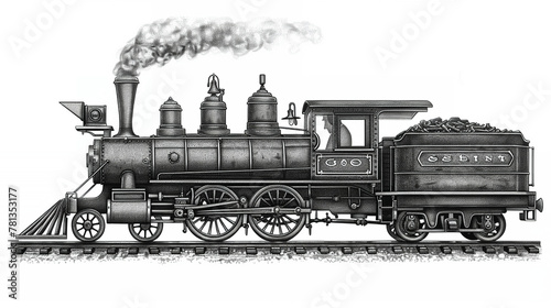 Victorian steam locomotive, steampunk flair, black and white scratch board style, AI engraving.